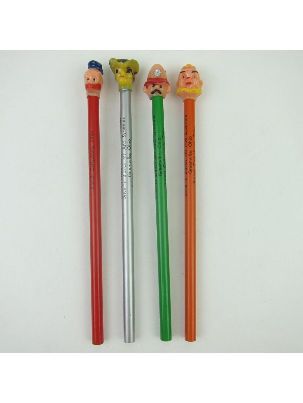 Vintage Pencils & Figural Toppers Duck Pirate Fireman Clown Hong Kong Lot of 4